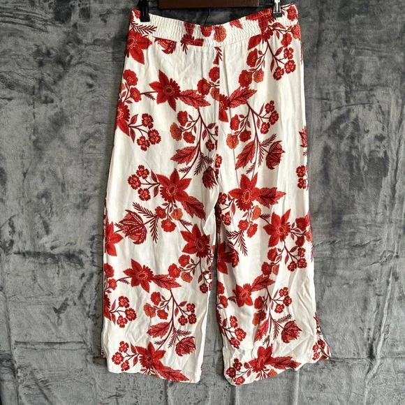 Loft Women's Small Floral Pull On Wide Leg Cropped Pants Pockets Travel Resort - Picture 11 of 16